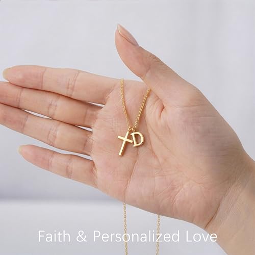 Cross Initial Necklace for Women, 14K Gold Plated Dainty Cross & Letter(A-Z) Pendant Necklace, Personalized Monogram Letter Christian Jewelry,Baptism First Communion Confirmation Easter Gift - color: D