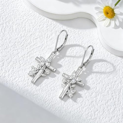 Butterfly Earrings for Women 925 Sterling Silver Birthstone Butterfly Cross Rose Dangle Earrings Elegant Butterfly's Jewelry Gift for Birthday Valentines Day Christmas - color: 4-April