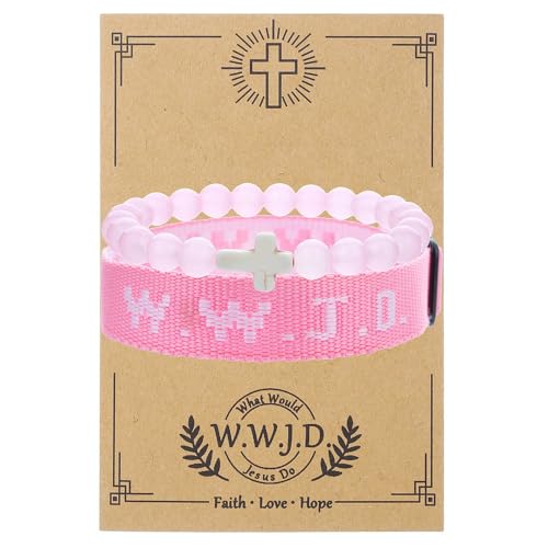 WWJD What Would Jesus Do Christian Stackable Bracelet Set for Women Men, Inspirational Faith Cross Beaded Elastic Wristbands, Religious Bible Verse Jewelry Gift for Church - color: Pink 2pcs A