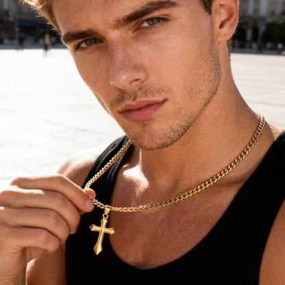 ALEXCRAFT Gold Cross Necklace for Men,14K Gold Plated Cross Pendant Necklace Cuban Chain Stainless Steel Cross Necklace Faith Cross Jewelry Gift Minimalist Trendy Pendant Necklaces - color: Gold