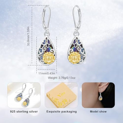 Vito Moonstone Turquoise Drop Earrings for Women, 925 Sterling Silver Hooks - style: Sunflower