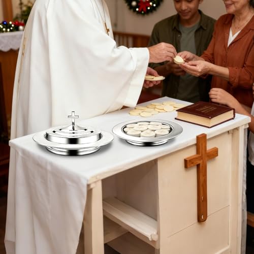 Silver Communion Bread Tray with Lid, Stainless Steel Holy Communion Tray for Churches, Polished Church Supplies Ware (304 Stainless) - color: Silver Communion Bread Tray