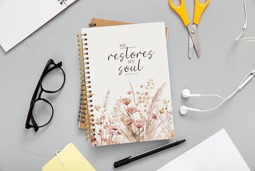 Christian Notebook for Women, Christian Gifts Journal, Prayer Journal for Women, Bible Journaling Notebook, PSALM 23:3 He Restores My Soul Floral Spiral Notebook 5.5x8.3 - color: 24-Christian-notebook