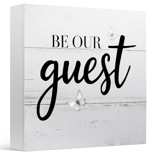 Guest decor for Bedroom Gifts Dining Room Cafe Shop Restaurant, Be Our Guest, Farmhouse Wooden Sign 5x5 Inches - color: Burgundy