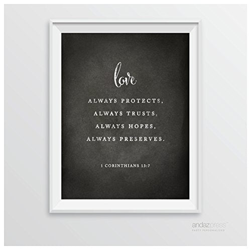 Andaz Press Biblical Wedding Signs, Vintage Chalkboard Print, 8.5-inch x 11-inch, Love Always Protects, Always Trusts, Always Hopes, Always Perseveres, 1 Corinthians 13:7, Bible Quotes, 1-Pack - color: Verse Love Always Protects
