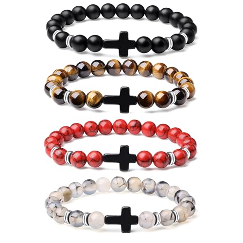 Mens Beaded Bracelets, 8MM Beaded Bracelets for Men, Natural Tiger Eye Bead Bracelet, Stretch Elastic Beads Bracelets for Men - color: Black dragon red yellow
