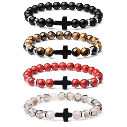 Mens Beaded Bracelets, 8MM Beaded Bracelets for Men, Natural Tiger Eye Bead Bracelet, Stretch Elastic Beads Bracelets for Men - color: Black dragon red yellow