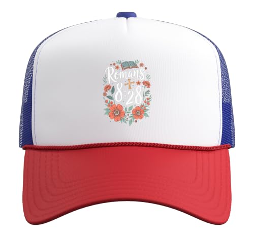 Romans 8:28 Bible Verse Flowers Cross Christian Women Trucker Hat with Adjustable Mesh Back - color: Red/White/Royal Blue