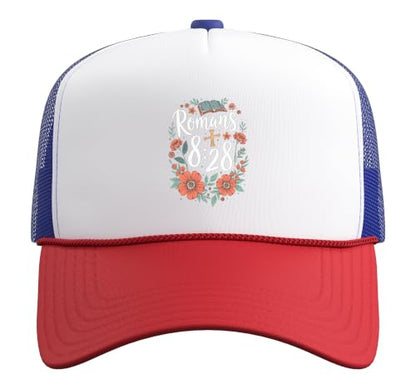 Romans 8:28 Bible Verse Flowers Cross Christian Women Trucker Hat with Adjustable Mesh Back - color: Red/White/Royal Blue