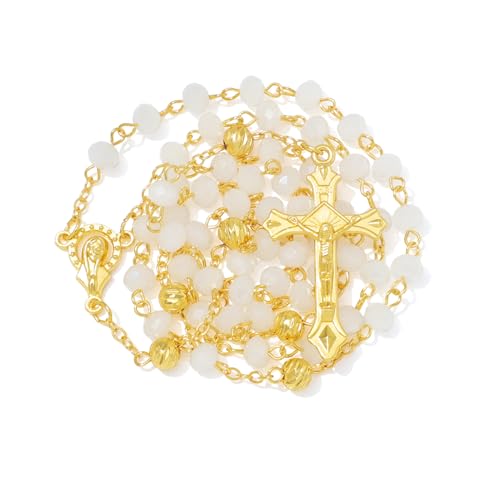 KOMI Crystal Rosary Beads with Jesus Crucifix, Catholic Necklace for Women First Communion Rosarios Wedding Rosary with Velvet Bag - style: 6MM-white