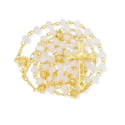 KOMI Crystal Rosary Beads with Jesus Crucifix, Catholic Necklace for Women First Communion Rosarios Wedding Rosary with Velvet Bag - style: 6MM-white