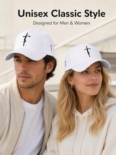Embroidered Cross Baseball Cap, Christian Adjustable Snapback Hat for Men & Women, Structured Dad Hat with Jesus Faith Design - color: White