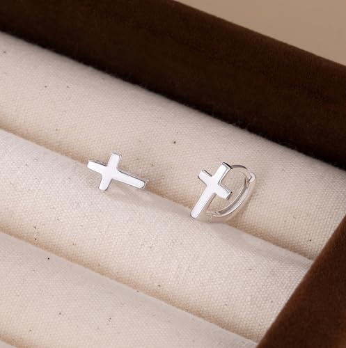 Reffeer Solid 925 Sterling Silver Cross Hoop Earrings for Women Teen Girls Small Cross Huggie Earrings Cartilage Helix - color: A-Silver