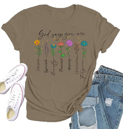 Womens Christian Shirt Bible Verse T-Shirt Religious Gifts Florial Tee Tops - color: Brown, size: Small