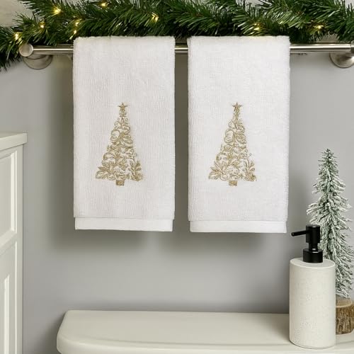 Christmas White Guest Hand Bathroom Towels, Elegant Gold XMas Tree, 16x26" - color: Gold Tree