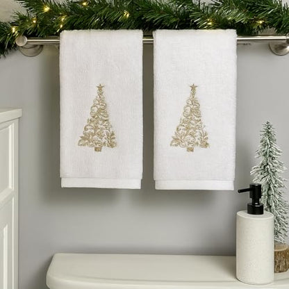 Christmas White Guest Hand Bathroom Towels, Elegant Gold XMas Tree, 16x26" - color: Gold Tree