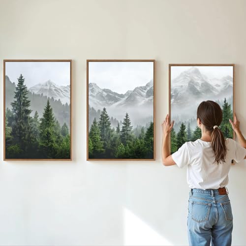 KaiWithYuan Misty Snow Mountain Framed Canvas Wall Art, Snowy Pine Tree Woodland Wall Decor, Calming Nature Forest Art Paintings, Minimalist Landscape Artwork for Bedroom Living Room Office 16"x24"x3 - color: Misty Snow Mountain