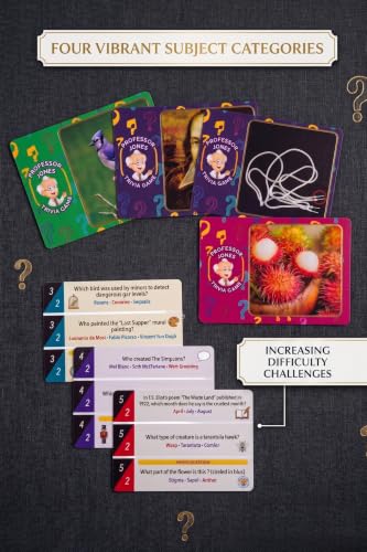 Professor Jones Trivia Card Game – 450 Multiple Choice Questions, 3 Difficulty Levels, Guess the Photo Challenge Cards – Party Activity for Teens, Family Game Night, Group Gatherings