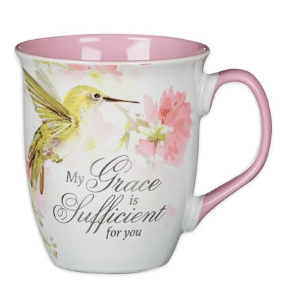 Christian Art Gifts Large Ceramic Inspirational Scripture Coffee & Tea Mug for Women: Grace is Sufficient Silver Bible Verse, Cute Lime Green Hummingbird Novelty Drinkware, White/Pink Floral, 14 oz. - color: Pink/Grace