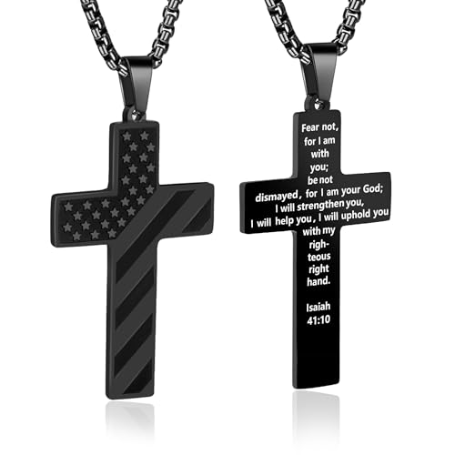 American Flag Cross Necklace for Men, Christian Confirmation Baptism Gifts - color: Black, style: Isaiah 41:10