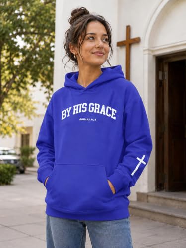 FAYALEQ Christian Sweatshirt By His Grace Letter Print Hoodie Christian Religious Sayings Sweater Bible Pullover Tops - color: Blue, size: XX-Large