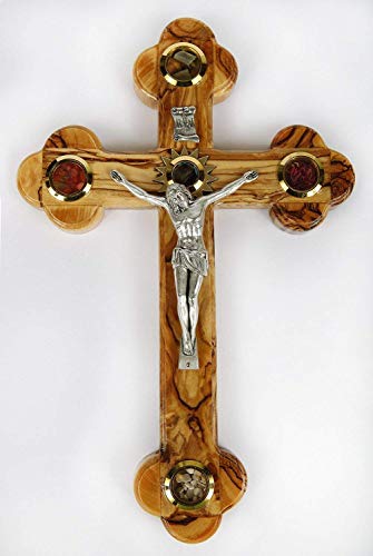 Jerusalem Olive Wood 11" Cross 14 Stations Crucifix from Bethehem with Holy Land Essences