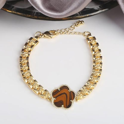 14K Yellow Gold Christian San Judas Bracelet For Women Men - Religious St Jude Bracelet, San Judas Tadeo Bracelet, Pulseras De San Judas Tadeo, Saint Jude Bracelets - color: Zircon Brown Flower Bracelet H