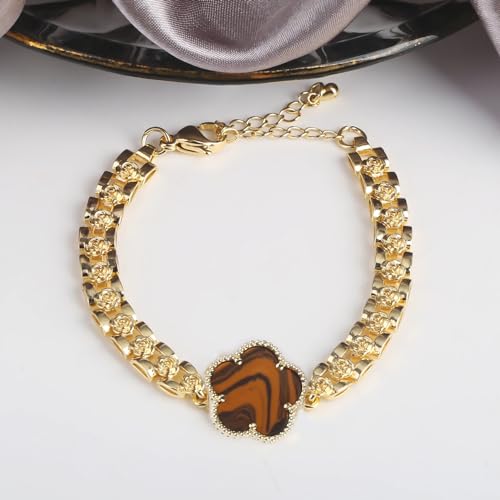14K Yellow Gold Christian San Judas Bracelet For Women Men - Religious St Jude Bracelet, San Judas Tadeo Bracelet, Pulseras De San Judas Tadeo, Saint Jude Bracelets - color: Zircon Brown Flower Bracelet H