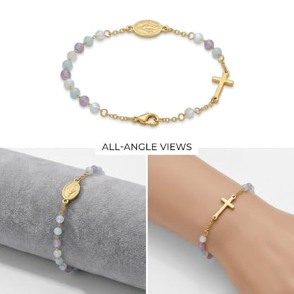 18K Gold Plated 316L Stainless Steel Rosary Bracelet for Women, Amazonite Amethyst Larimar Stone Beaded Cross Bracelet with Religious Medal, First Communion Confirmation Baptism Religious Gift Jewelry, 7.5inch