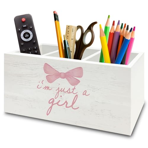 Pink Coquette Bow Preppy Pen Pencil Holder Organizer for Desk, Preppy Desk Decor, I'm Just a Girl Pink Wooden Box Sign for Girly Room Bedroom Dorm Tabletop Decorations - color: colour 14