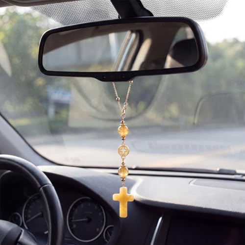 Cross for Car Mirror Hanging, Drive Safe Rear View Mirror Cross Ornament Charm for Women, Crystal Car Decor, Peace Hope Healing Christian Gift for Driver Mom Daughter Friends (Golden Citrine) - color: Golden Citrine