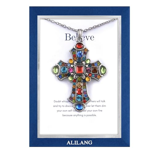 Alilang Silver Tone Stained Glass Rhinestone Patonce Cross Pendant Necklace with Religious Message Card & Envelope Christian Jewelry - style: Believe