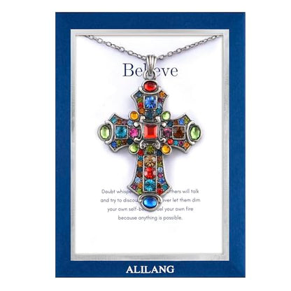 Alilang Silver Tone Stained Glass Rhinestone Patonce Cross Pendant Necklace with Religious Message Card & Envelope Christian Jewelry - style: Believe