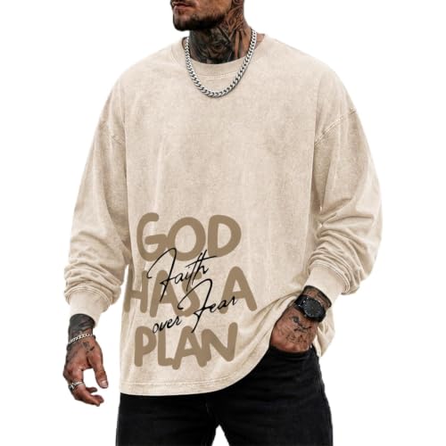 Mens Christian Long Sleeve Shirt Faith Over Fear God Jesus Faith Acid Wash T Shirt Religious Graphic Tee Vintage Top - color: Apricot, size: XX-Large