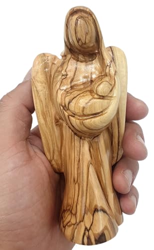 Zuluf 5.5" Hand-Carved Olive Wood Angel Statue Holding Baby - Authentic Holy Land Guardian Angel Figurine - Religious Gift for Baptism, New Mother, Expecting Mom & Christening - Bethlehem Wood - color: 5.5" Angel Holding Baby