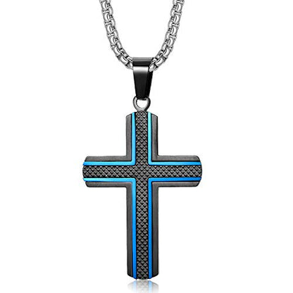 Holizaly Men's Cross Necklace 316L Stainless Steel Pendant White/Gold/Black/Blue Rolo Chain-Gift Box Included - color: Blue black