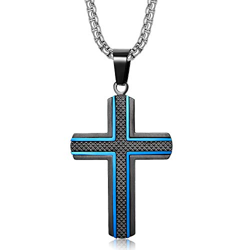 Holizaly Men's Cross Necklace 316L Stainless Steel Pendant White/Gold/Black/Blue Rolo Chain-Gift Box Included - color: Blue black