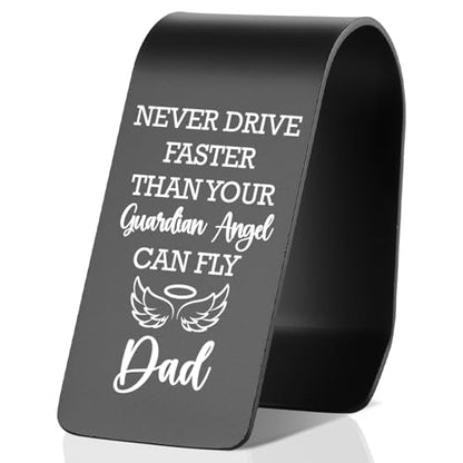 Dad Safe Driving Car Visor Clip Stainless Steel, Never Drive Faster Than Your Guardian Angel Can Fly Engraved Reminder, Christian Guardian Angel Gift for Father, Religious Car Accessory TZC186 - color: Black-C186