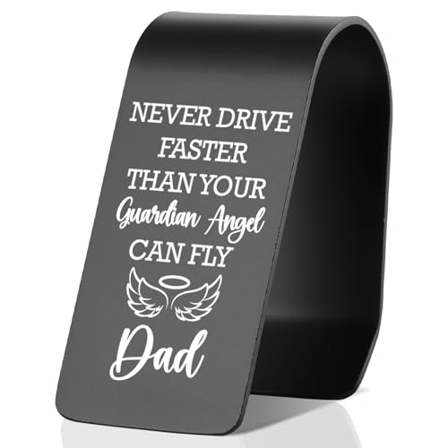 Dad Safe Driving Car Visor Clip Stainless Steel, Never Drive Faster Than Your Guardian Angel Can Fly Engraved Reminder, Christian Guardian Angel Gift for Father, Religious Car Accessory TZC186 - color: Black-C186