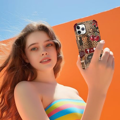 for iPhone 11 Pro 5.8'' Brown Cheetah Christian Phone Case - color: Red Cherry Leopard Collage, size: iPhone 11 Pro