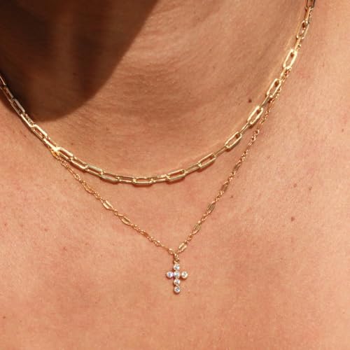 CONRAN KREMIX Waterproof Gold Layered Cross Necklace for Women Non Tarnish,14k Gold Plated Stainless Steel Dainty Cross Necklace Stack Necklaces Set for Women Christian Gifts Jewelry - color: Gold-Cross06