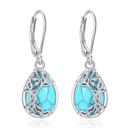 Vito Moonstone Turquoise Drop Earrings for Women, 925 Sterling Silver Hooks - style: Tree of Life-Turquoise