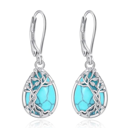 Vito Moonstone Turquoise Drop Earrings for Women, 925 Sterling Silver Hooks - style: Tree of Life-Turquoise