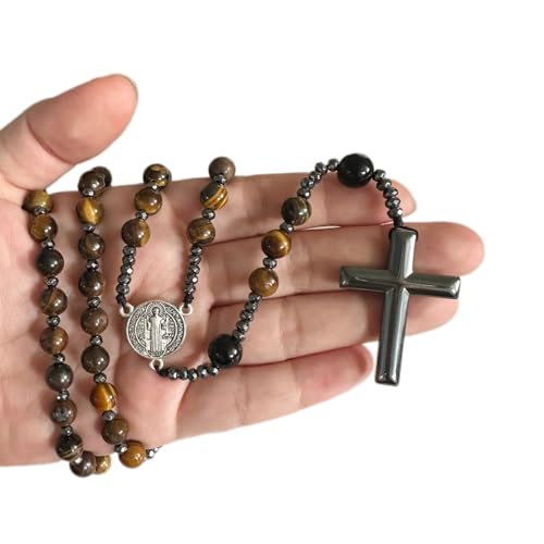 Bovemee Saint Benedict Medal Prayer Pocket Rosary Catholic Brown Wood Beads with Medalla de san benitol and Crucifix, 9 Inch - color: Nature stone Brown