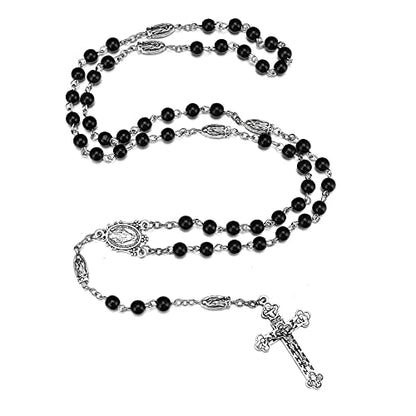 Rnivida Catholic 6MM Beads Rosary Necklace with Jesus Crucifix - color: Black