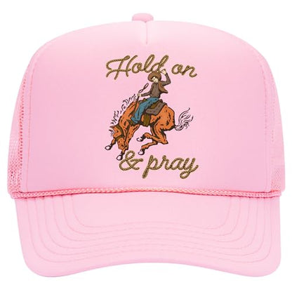Hold On & Pray Trucker Hat | Christian Jesus God Blessed Faith Cowboy | Premium Snapback Hat for Men & Women - color: Pink