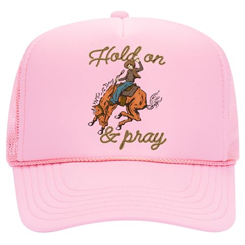 Hold On & Pray Trucker Hat | Christian Jesus God Blessed Faith Cowboy | Premium Snapback Hat for Men & Women - color: Pink