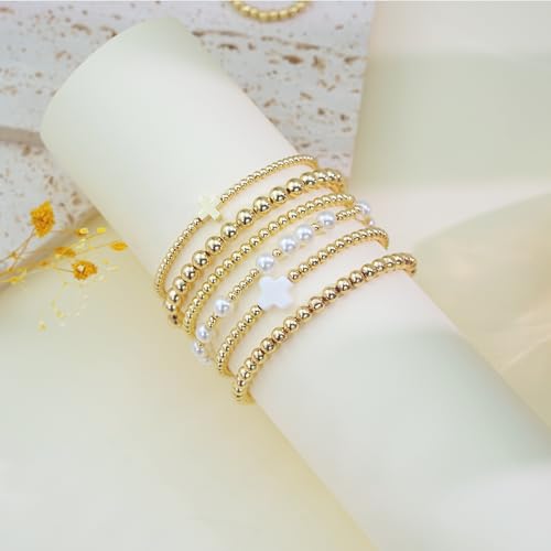 Gold Bracelets for Women Jewelry - Easter Basket Stuffers, Cross/Pearl/Beaded Bracelets Set, Dainty 14K Gold Plated Beaded Bracelets Stack, Birthday Easter Gifts for Women - color: 1Cross+2Bead+1Pearl