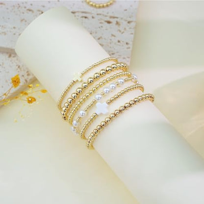 Gold Bracelets for Women Jewelry - Easter Basket Stuffers, Cross/Pearl/Beaded Bracelets Set, Dainty 14K Gold Plated Beaded Bracelets Stack, Birthday Easter Gifts for Women - color: 1Cross+3Bead+1Pearl