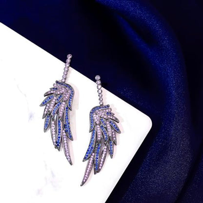 Crystal Cubic Zirconia Angel Wings Dangle Drop Earrings for Women Silver Rhinestone Guardian Angle Dangling statement Earrings gifts for Wife Mom Her - color: Blue